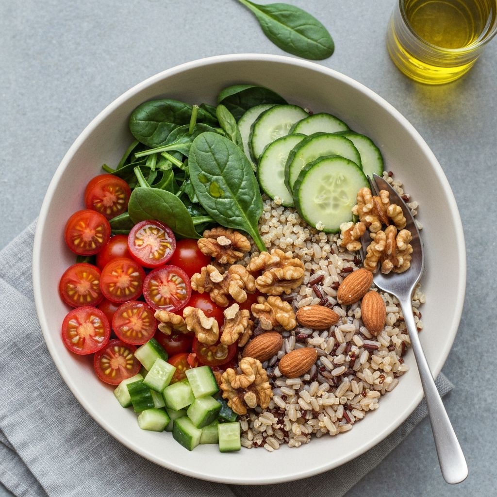 Healthy Mediterranean diet bowl with fresh vegetables and grains